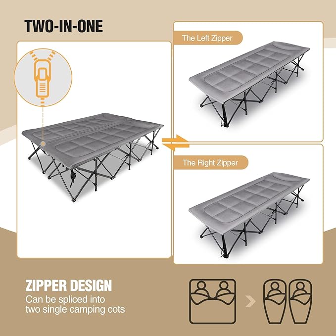 REDCAMP 2 Person Extra Wide Camping Cots for Adults 500lbs, 59" W Oversized Heavy Duty Sleeping Cots, XXXL Cots Portable for Indoor Office Outdoor, Grey