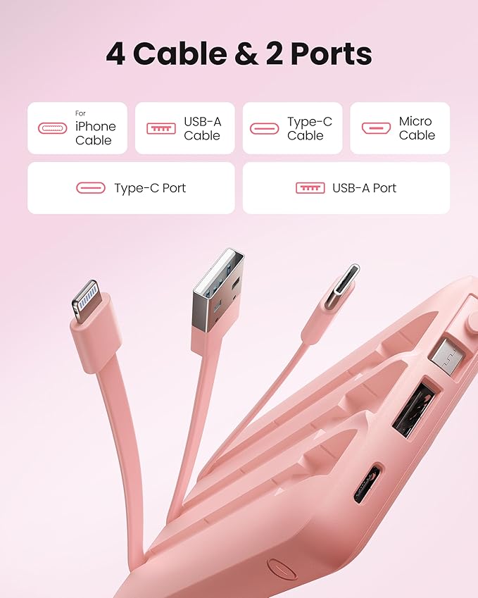 Portable Phone Charger, Slim 10000mAh Power Bank with Cords Wires, Battery Pack 5 Outputs 2 Inputs LED Display Compatible with iPhone/Android & More (Pink)