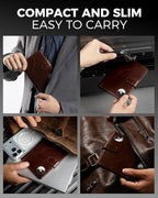 LORZOR Passport Holder for Travel: Full Grain Leather Passport Cover with Airtag Holder Magnetic Buckle for Men - RFID Blocking Bifold Wallet for Air Ticket Card Cash Coin (Brown)