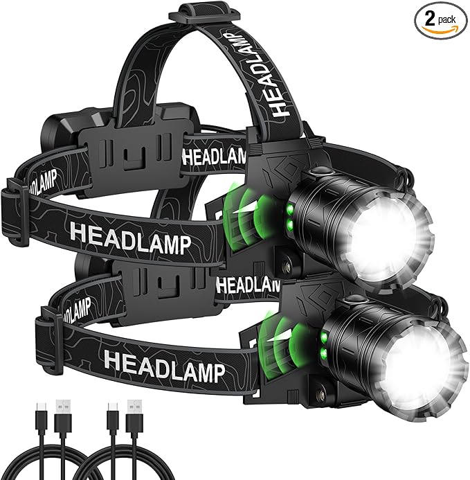 Headlamp Rechargeable 99,000LM Super Bright, 2pack LED Head Lamp with 3 Modes, 90°Adjustable Head Lights for Forehead, IPX6 Waterproof HeadLamps for Camping Hiking