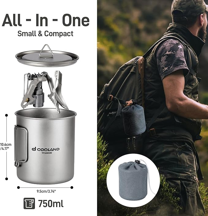 Odoland Titanium Camping Cookware 750ML Titanium Pot with Camping Stove and Spork Portable Pot for Backpacking, Hiking, Traveling and Picnic