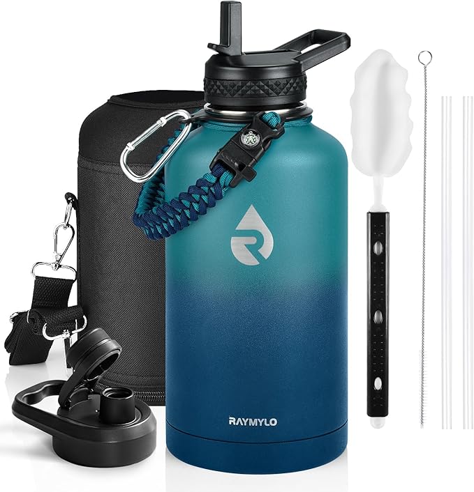 Insulated Water Bottle 64 oz, Triple Wall Vacuum Stainless Steel (Cold for 48 Hrs), Leak Proof & Non-BPA, Half Gallon Water Flask Jug with Paracord Handle & Straw Spout Lids, Cyan Blue