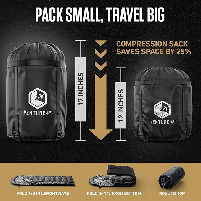 VENTURE 4TH Backpacking Sleeping Bag – XXL, Double and Single Sizes - Lightweight Warm & Cold Weather Sleeping Bags for Adults, Kids & Couples – Ideal for Hiking, Camping & Outdoor Adventures