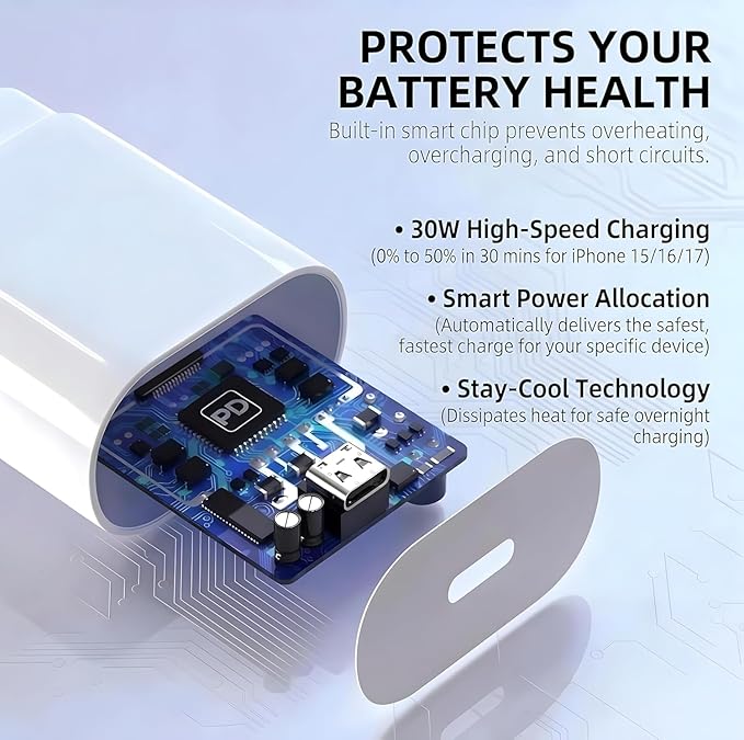 TT&C 30W USB-C Power Brick, PD Super Fast Type-C Wall Adapter Compatible with iPhone 17, 17 Pro Max, iPhone Air, 17e, 16, 16e, 15, iPad mini, & for Galaxy S26/S25/S24 White 2-Pack