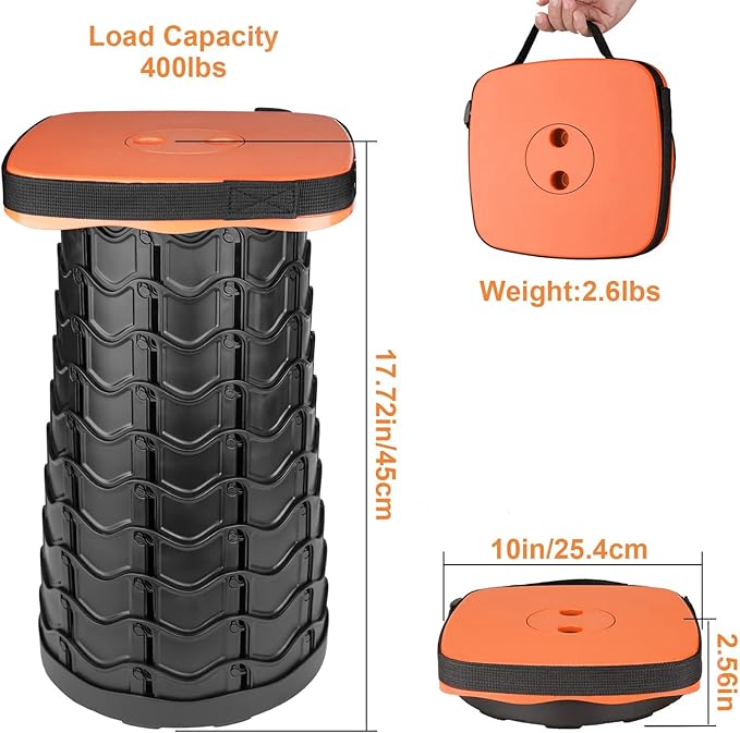 Boreeman Upgraded Collapsible Stool, Square Portable Stool, Lightweight Yet More Sturdy with Load Capacity 400lbs, Perfect for Camping Fishing Hiking BBQ (Square Orange)