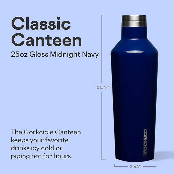 Corkcicle Classic Canteen Insulated Water Bottle - Stainless Steel Reusable Tumbler - Triple Insulated - Keeps Drinks Cold 25 Hours or Hot 12 Hours - Cupholder Friendly - Gloss Midnight Navy - 25 oz