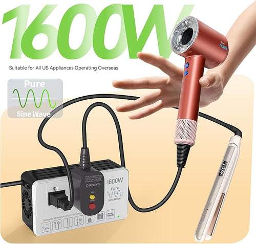1600W 220V to 110V Converter for European International Travel, Universal Power Plug Adapter Voltage Converter US to Europe, Plug & Play, No Limitations - Power Any American Appliances Overseas