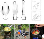 Odoland Camping Cookware Stove Carabiner Canister Stand Tripod and Stainless Steel Cup, Tank Bracket, Fork Spoon Kit for Backpacking, Outdoor Camping Hiking and Picnic