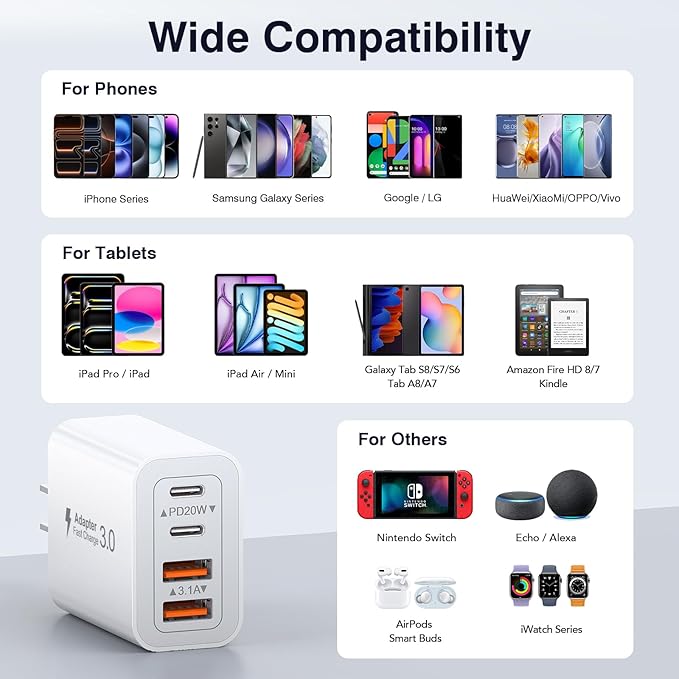 [2-Pack] 40W USB C Charger Block, 4-Port Type C Fast Charging Brick Dual PD&QC Wall Plug Adapter Power Brick for iPhone 13/14/15/16/17/Pro Max/Plus/iPad/Airpods/iwatch/Samsung Galaxy
