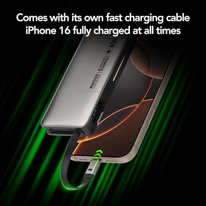 45W Power Bank, Portable Charger Built-in Retractable Cables with LED Display, 10000mAh 2 USB-C Fast Charging Powerbank for iPhone 16/15 Series, MacBook, and More