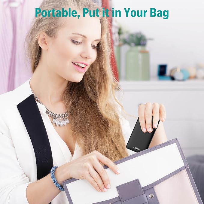 10000mAh Slim Power Bank with Built in Cable,Thin Lightweight Portable Phone Charger,4 Output USB C Travel Essentials External Battery Pack Clutch Charger for iPhone,Samsung,Android,Heated Vest,Black