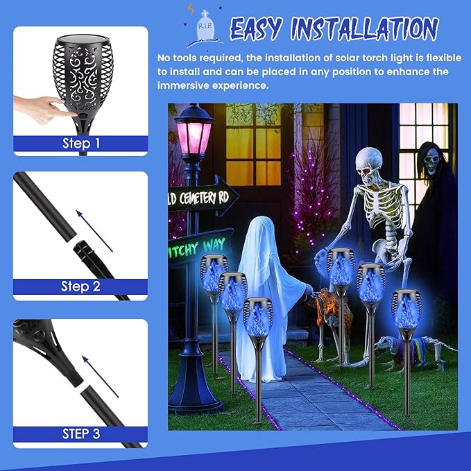 Upgraded Larger Solar Lights Outdoor, 6 Pack Flickering Flame Solar Torch Lights with Super Larger Size for Halloween Decor, Waterproof Solar Powered Outdoor Halloween Light for Yard Pathway (Blue)
