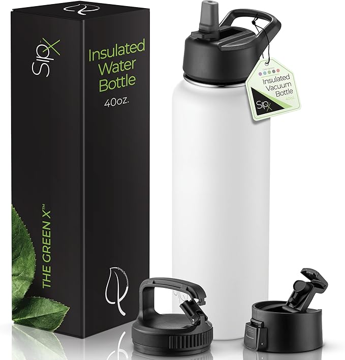 SipX™ Triple-Insulated Stainless Steel Water Bottle 40oz. With 3 Lids, BPA-Free Reusable Insulated Water Bottle Keeps Cold 24 Hours, Metal Water Bottle Made Of Sustainable Material For Hiking & Biking