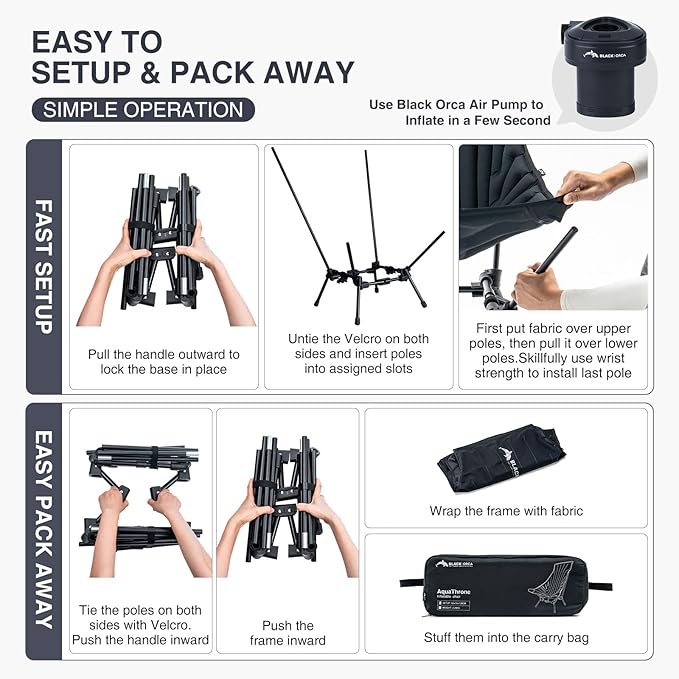 High Back Camping Chairs Inflatable Portable Camping Chair Lightweight Compact Folding Chairs with Carry Bag for Outdoor Backpacking Hiking Beach Lawn Fishing (Black)