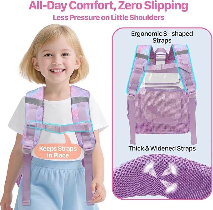 Bagseri Clear Backpack for Girls - 15 Inch Heavy Duty Kids Clear Bookbag for Kindergarten to Grade 2, Transparent School Bag with Reflective Strip, Fits Folders, Purple Mermaid