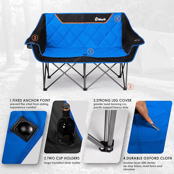 EMERIT Double Camping Chair Oversized Padded for Adults, Heavy Duty Folding Loveseat for Outdoor, Camping, Beach, Lawn, Concert 650LB
