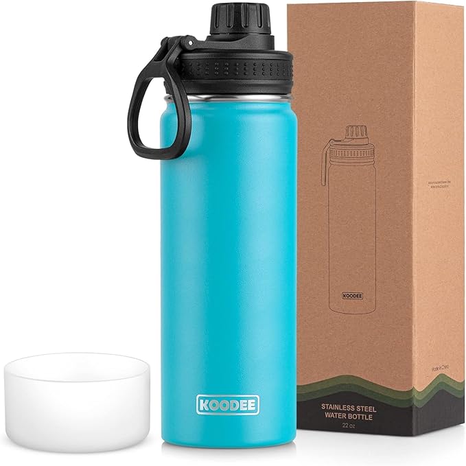 koodee Insulated Water Bottle, 22 oz Stainless Steel Double Wall Vacuum Wide Mouth Sport Bottle with Leakproof Spout Lid (Sky Blue)