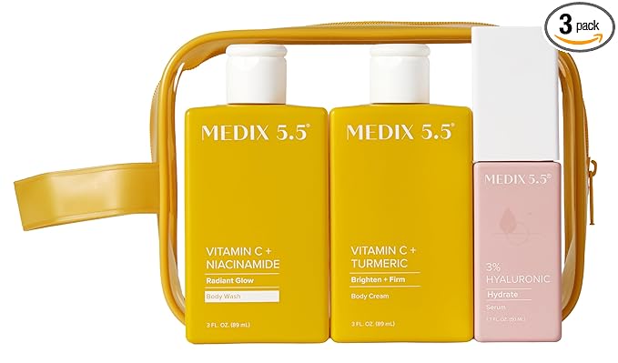 MEDIX Vitamin C Cream + Wash + Hyaluronic Acid Serum 3PC Travel Kit Skin Care Set - Vitamin C Body Lotion & Body Wash + 3% Hyaluronic Serum Skincare Set To Improve Look Of Dark Spots & Dry Skin, 3PC