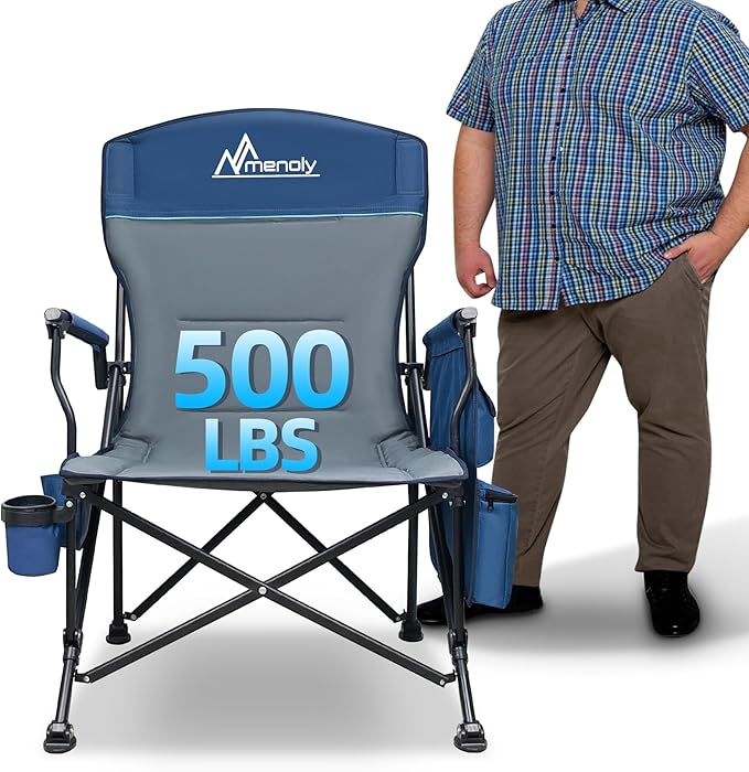 MENOLY Oversized Folding Camping Chair, 500lbs Support Max with Cooler Bag, Multiple Side Pockets & Cup Holder, Heavy Duty Camping Chairs for Adults for Camping, Beach, Fishing