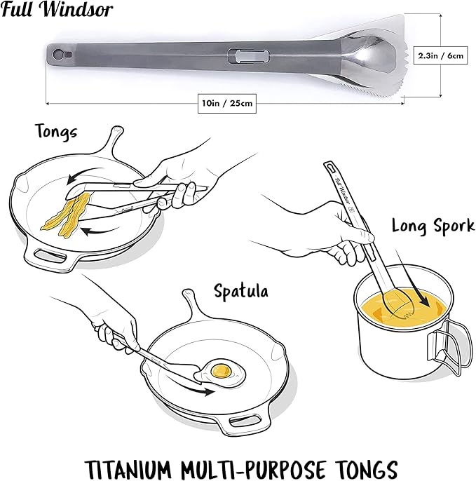 FULL WINDSOR - The Splitter Titanium Multi-Utensil Set – Compact, Lightweight Silver Spork, Tongs, Spatula & Ladle – Durable Cooking Kit for Camping, BBQ, Backpacking, Travel & Outdoor Adventures