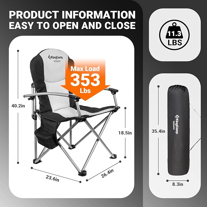 KingCamp Oversized Camping Folding Chair, Heavy Duty 450 LBS with Lumbar Support, Padded Outdoor Chair with Cup Holder, Camp Lawn Chair with Cooler Bag for Sports, Garden, Beach, Fishing