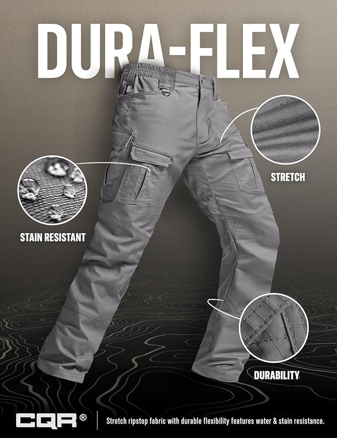 CQR Men's Flex Ripstop Tactical Pants, Water Resistant Stretch Cargo Pants, Lightweight EDC Hiking Work Pants