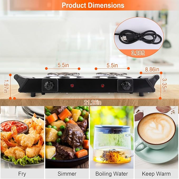 Hot Plate, 2000W Portable Electric Stove for Cooking with Stay Cool Handles & 5 Levels Adjustable Temperature, Countertop Double Coil Burner for Home RV Camp Compatible for All Cookwares,Black