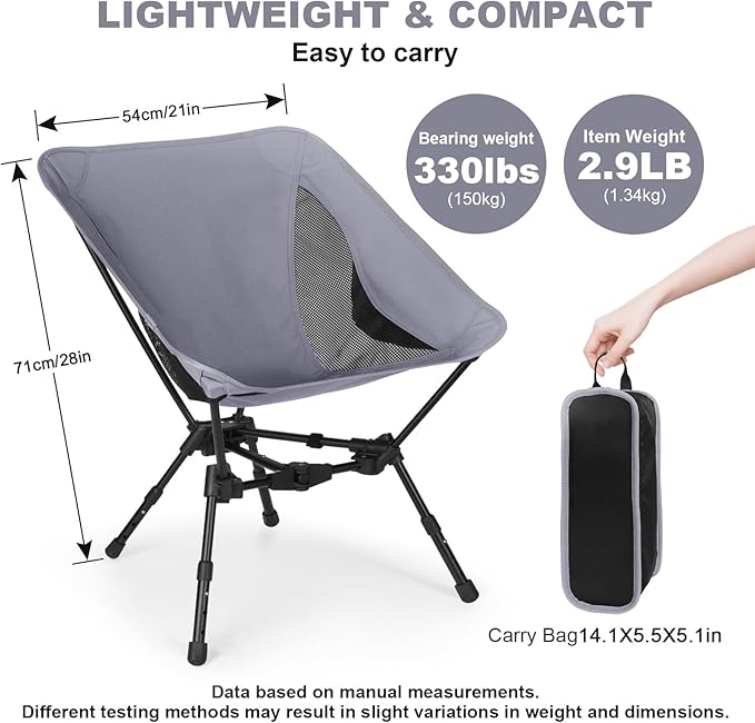 MINGPINHUIUS Lightweight Folding Chair for Camping: Ultra Light Height Adjustable Camp Chair Outdoor Adventures Bilateral Breathable Mesh Structure for Hiking Mountaineering Beach (Gray)