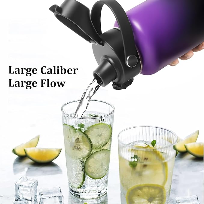 Water Bottle Insulated 32oz 40oz 64oz 128oz Straw Lid Spout Lid & 3 Lids, Leak Proof, Vacuum Insulated,Stainless Steel Water Bottle Wide Mouth for Sports, Gym or Office