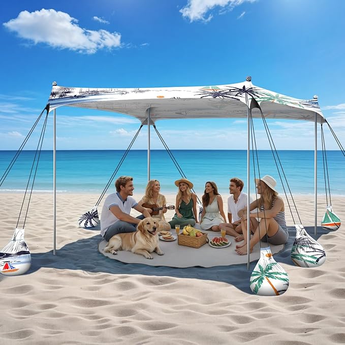 Beach Tent Sun Shelter, 10 x 10 FT Beach Canopy Tent Sun Shade, UPF50+ Tents Canopy with 8 Sandbags & 4 Stability Poles, Outdoor Tents for Camping Fishing, Boat
