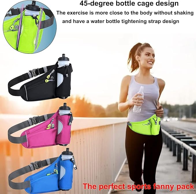 Waterproof Running Waist Bag Cycling Bumbags with Water Bottle Holder Travel Walking Dog Climbing Hiking Outdoor Sport Waist Bag with Reflective Strips(Green)