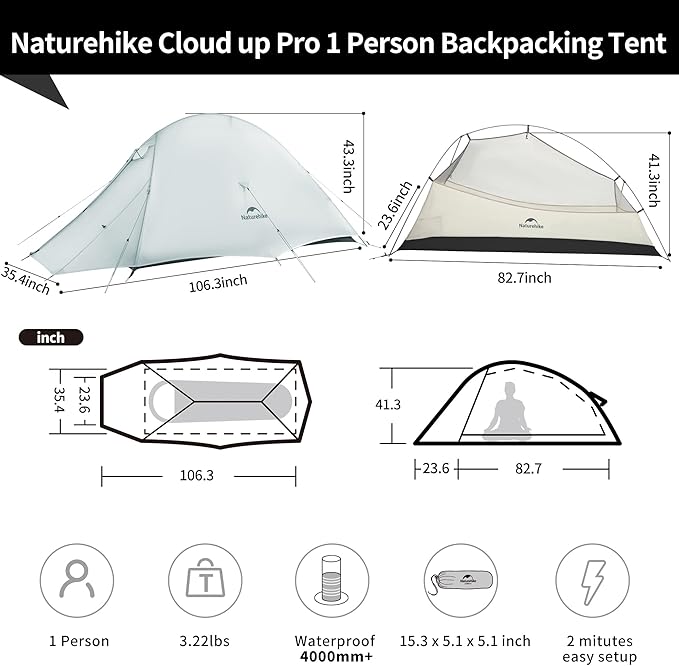 Naturehike Cloud-Up 1 Person Tent, Lightweight Backpacking Tents for One Man, Waterproof Ultralight One Person Tent for Camping Hiking Backpacking