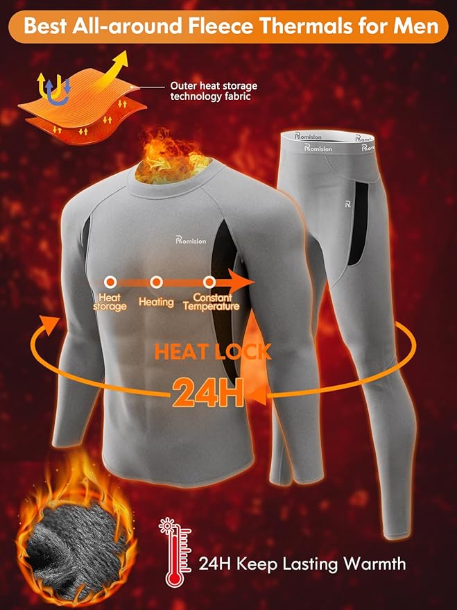 romision Thermal Underwear for Men Long Johns Fleece Lined Hunting Gear Bottom Top Set Base Layer for Cold Weather Gift