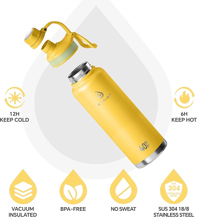 IDEUS Insulated Stainless Steel Water Bottle with 2 Leak-Proof Lids, Thermal Water Flask for Hiking Biking, 40oz, Bright Yellow