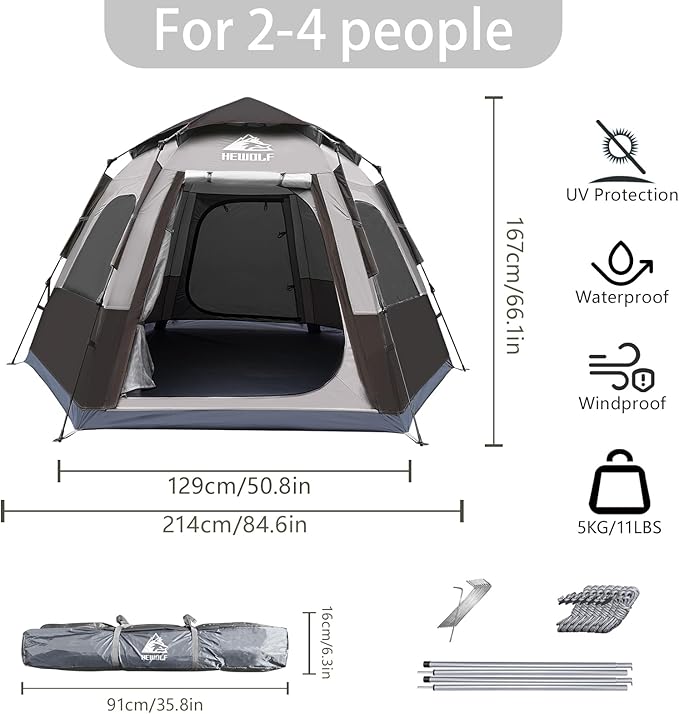 Hewolf 2/3/4 Person Camping Tent - Instant Pop Up Waterproof 2 Doors Tent with Easy Setup | 3-Season Hexagonal Dome Design for Family, Hiking & Traveling