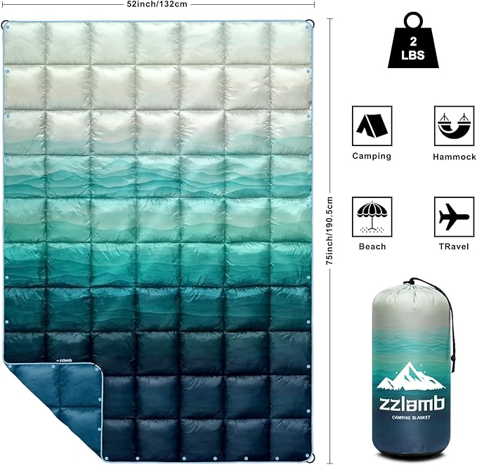 zzlamb Camping Blanket, Outdoor Lightweight Travel Blanket Puffy Portable Down Alternative, Windproof Warm Cloak with Snaps, Cozy Quilt Backpacking Picnic RV Plane Car Hammock Beach Climbing