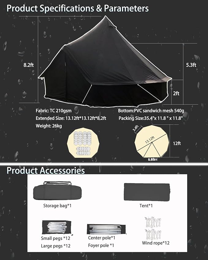 Cotton Canvas Tent Bell - Yurts Breathable and Windproof,Glamping for 6/8/10Person Family Camping