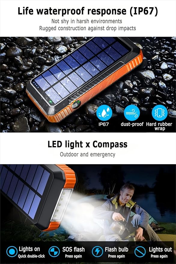 DJKK Solar Power Bank Wireless Charger 52800mAh Built in 4 Cables and LED Camping Lights 22.5W Fast Charging Power Bank 7 Outputs 4 Inputs Portable Charger Compatible with All Mobile Devices (Orange)