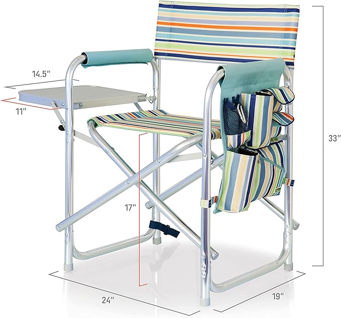 PICNIC TIME Sports Chair with Side Table, Outdoor Foldable Padded Adult Camping Chairs with Cup and Accessory Panel for Lawn, Beach, & Sports Use for Adults, 300-lbs Capacity, (St. Tropez Collection)