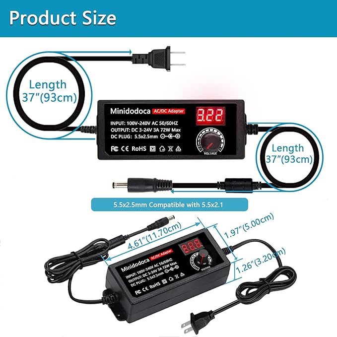 72W Power Supply Adjustable 3V ~ 24V Variable Universal Switching AC/DC Adapter Minidodoca AC to DC Converter with LED Voltage Display and 16 Tips, for 3V to 24V Household Electronics - 3000mA Max