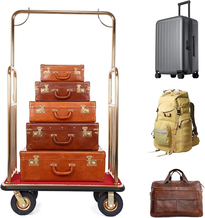 Stainless Steel Luggage Cart, 881LBS Capacity Commercial Bellman's Cart with 8" Silent Wheels, Golden Top and Carpet Deck for Hotel, Resorts, Condos, Commercial Use