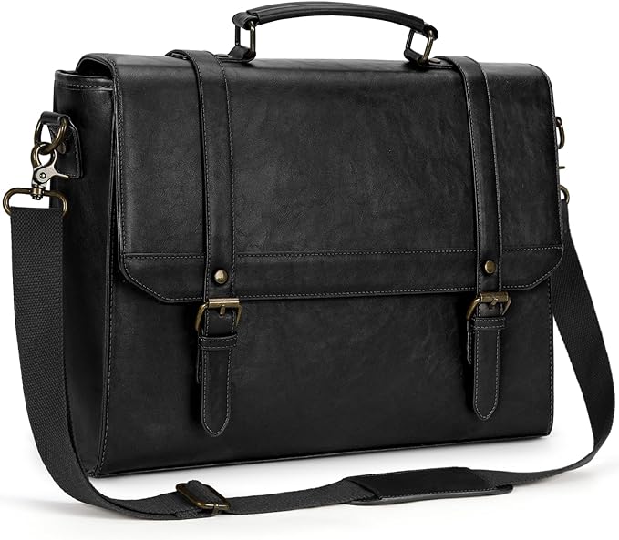 IGOLUMON Messenger Bag for Men 18 inch Vintage Leather Waterproof Laptop Briefcase Large Computer Laptop Bag Leather Satchel Bag Retro Shoulder Bag for Office Business Travel College, Black