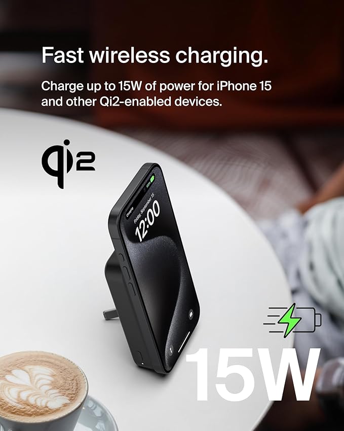 Belkin Portable Charger, Wireless Power Bank 15W 10000 mAh w/ Qi2, MagSafe Charger + Built-in Pop-up Kickstand - iPhone 17, Air, Pro, Pro Max, AirPods, Apple Watch, Google Pixel 10, etc. - Black