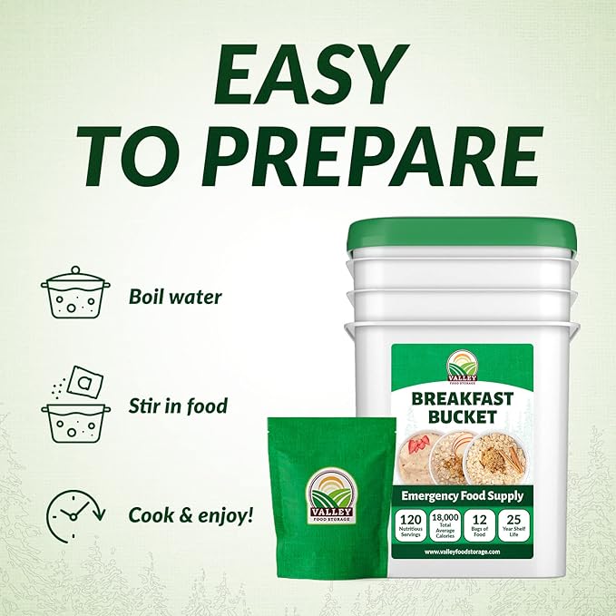 120 Serving Breakfast Bucket | Premium Emergency Food Supply | Easy Prep Survival Food 25 Year Shelf Life | Camping Food, Backpacking Meals, Prepper Supplies | Valley Food Storage Packaged in USA