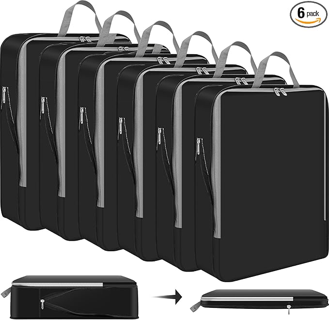 Hosuly 6 Pcs 17.3 x 12.6'' Compression Packing Cube Bag Extra Large Travel Expandable Space Saving Organizers XL for Luggage Storage(Black)