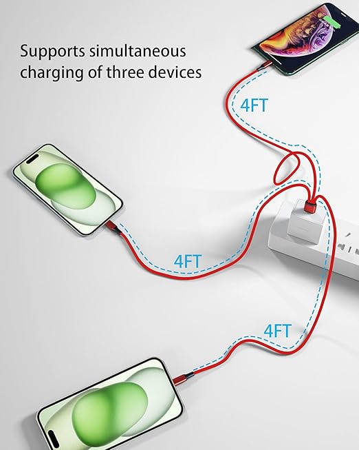 Multi USB C Cable 4FT 2Pack, 3 in 1 Multiple Type C Charging,3A Splitter USB-C Charging, Red Nylon Cord,USB C to 3 USB C Port, Compatible with iPhone 15,iPad Pro,Samsung S24,Google,Android,Kindle fire