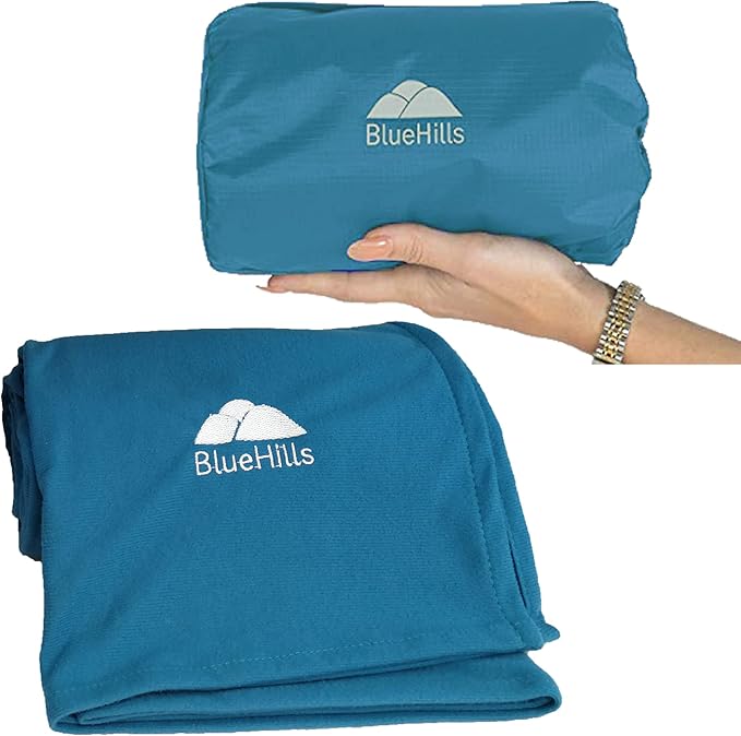 BlueHills Premium Soft Ultra Compact Travel Blanket Value Pack Set of 2 - Airplane Traveling Essentials Flight Blanket Throw in a Portable Bag Car Plane Travel Gift Black and Peacock T