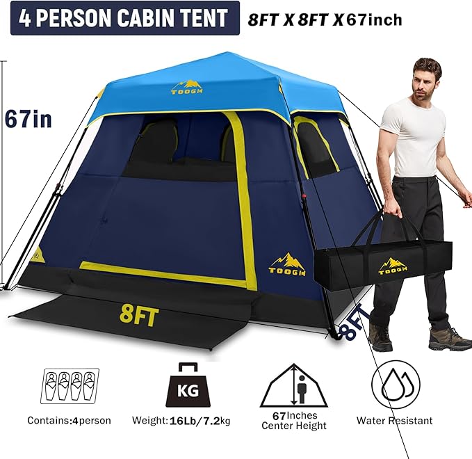 3/4 Person/6 Person Camping Tent Fast Cabin Tent with Instant Setup Tent, Weatherproof Tent Easy Quick Set Up & Pop Up in 60 Seconds with Rainfly Backpack for Family Camping,Upgraded Ventilation