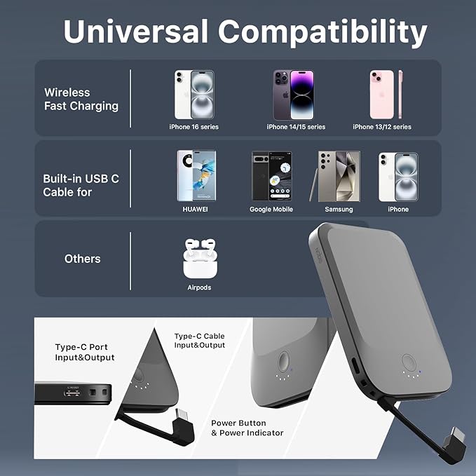 NOBIS Slim Magnetic Power Bank 5000mAh with Built-in Cable Wireless Portable Charger QC 3.0 22.5W PD Fast Charging USB C in/Out, for MagSafe Battery Pack for Phone 16 Android (Black)