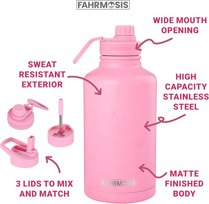 64 Oz Water Bottle with Straw Stainless Steel Sports Water Bottle with 3 Lids (Straw, Chug and Flip Lid) Leak Proof Metal Half Gallon Jug for Men & Women - Pink